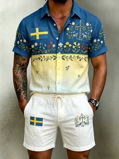 Men's Retro Swedish Midsummer Folk Floral Cotton-Linen Shorts
