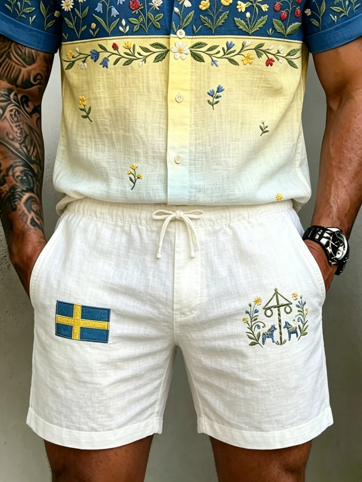 Men's Retro Swedish Midsummer Folk Floral Cotton-Linen Shorts