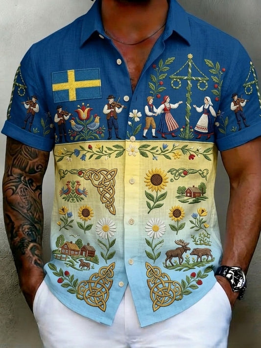 Men's retro Swedish Midsummer folk never-fading floral cotton-linen short-sleeved shirt
