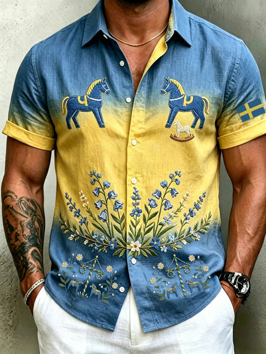 Men's retro Swedish Midsummer folk never-fading floral cotton-linen short-sleeved shirt