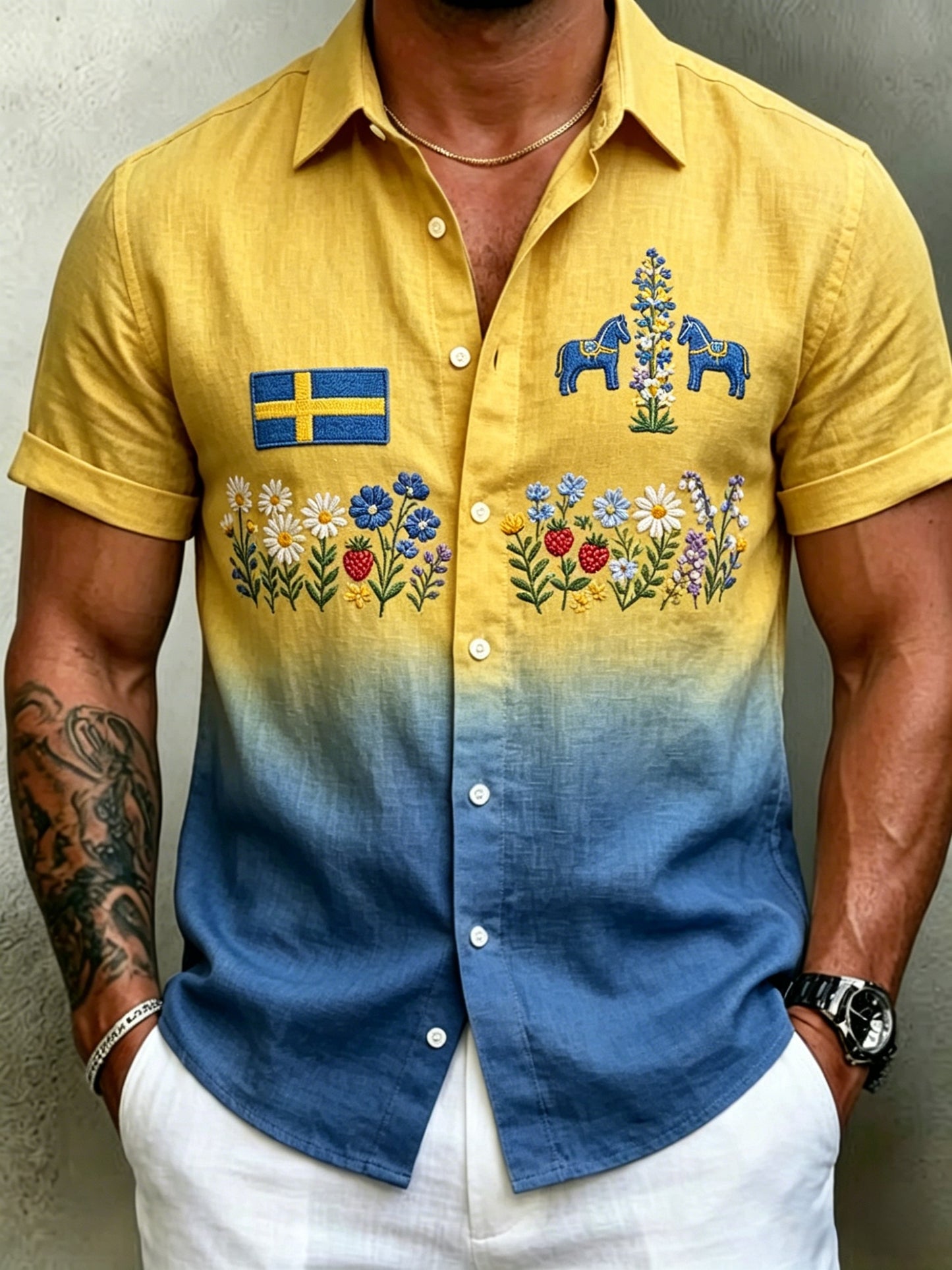 Men's retro Swedish Midsummer folk never-fading floral cotton-linen short-sleeved shirt