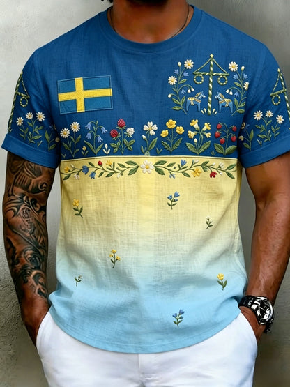 Herrretro svensk midsommarfolkalinsk bomull-linne t-shirt med korta ärmarna