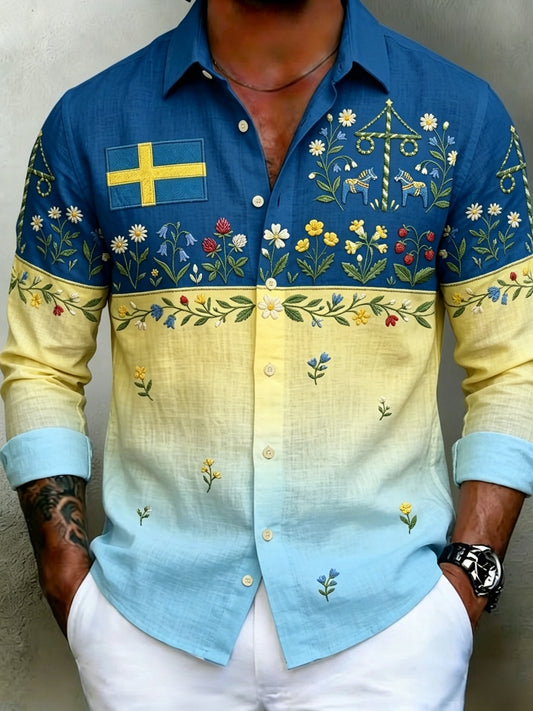 Men's retro Swedish Midsummer folk never floral cotton-linen long-sleeved shirt