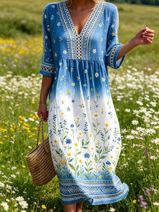 Women's Midsummer Floral Ombre Cotton Linen Casual Dress