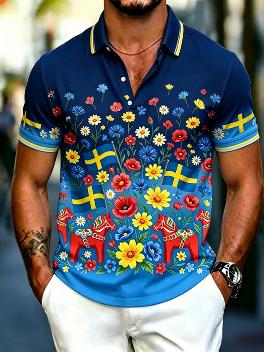 Mr. Retro Swedish Midsummer Floral Carousel Casual Polo Shirt
