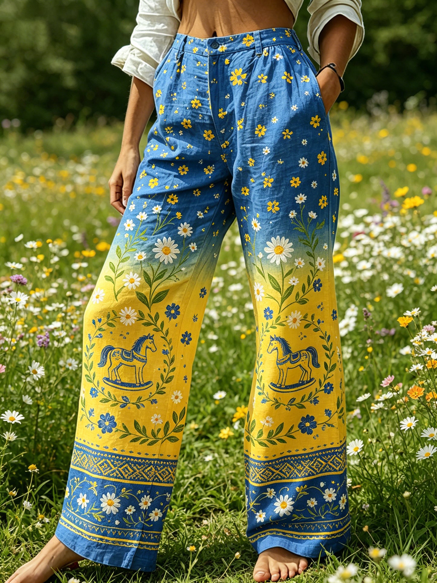 Women's Midsummer Festival Floral Gradient Color Cotton Linen Casual Pants