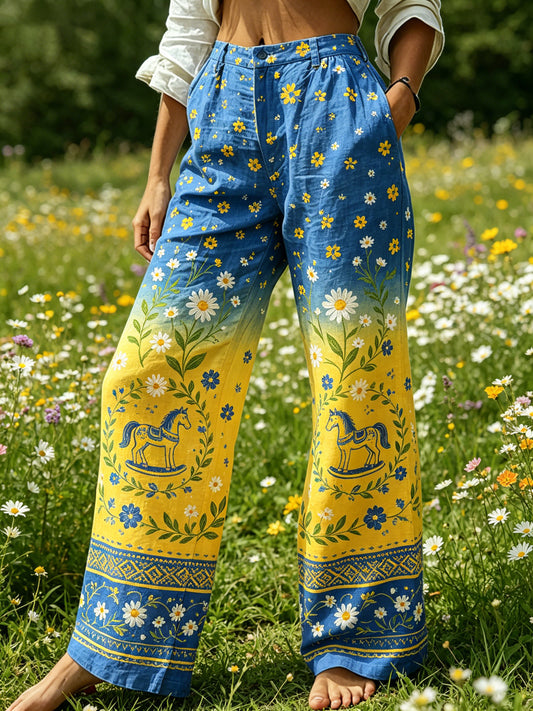Women's Midsummer Festival Floral Gradient Color Cotton Linen Casual Pants
