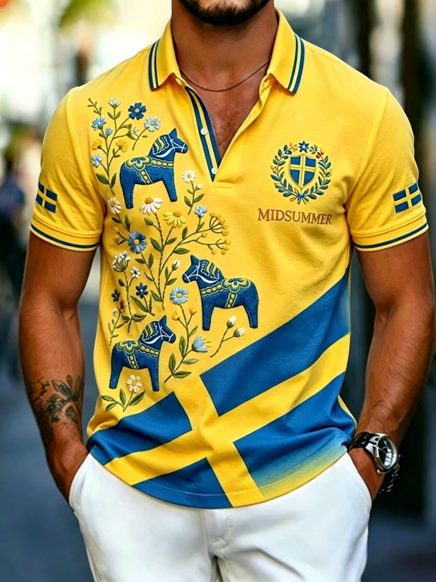 Men's Retro Swedish Midsummer Patchwork Casual Polo Shirt