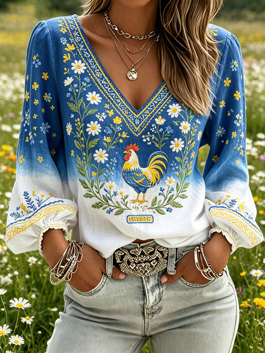 Women Midsummer Festival Floral Gradient Color Cotton Linen Casual Top
