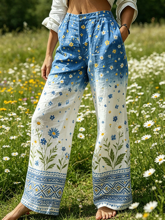 Women's Midsummer Floral Color Gradient Cotton Linen Casual Pants