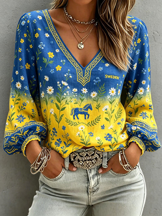 Women's Midsummer Floral Color Change Cotton Linen Casual Top
