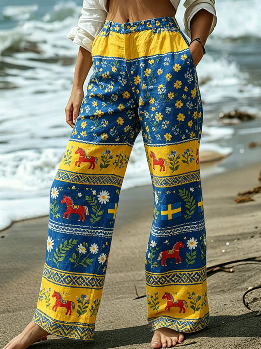 Women's Midsummer Floral Color Gradient Cotton Linen Casual Pants