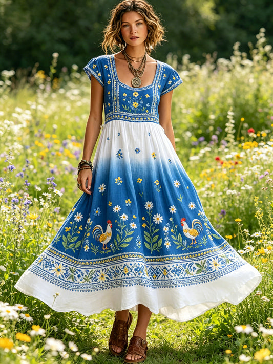 Women Midsummer Festival Floral Gradient Color Cotton Linen Casual Dress