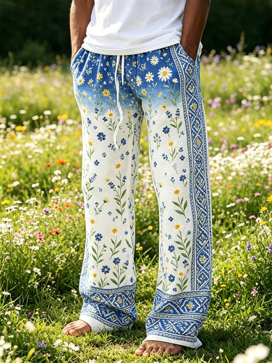 Men's Midsummer Festival Floral Gradient Color Cotton Linen Casual Pants