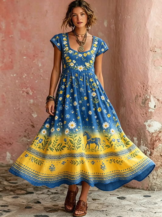 Women's Midsummer Floral Ombre Cotton Linen Casual Dress