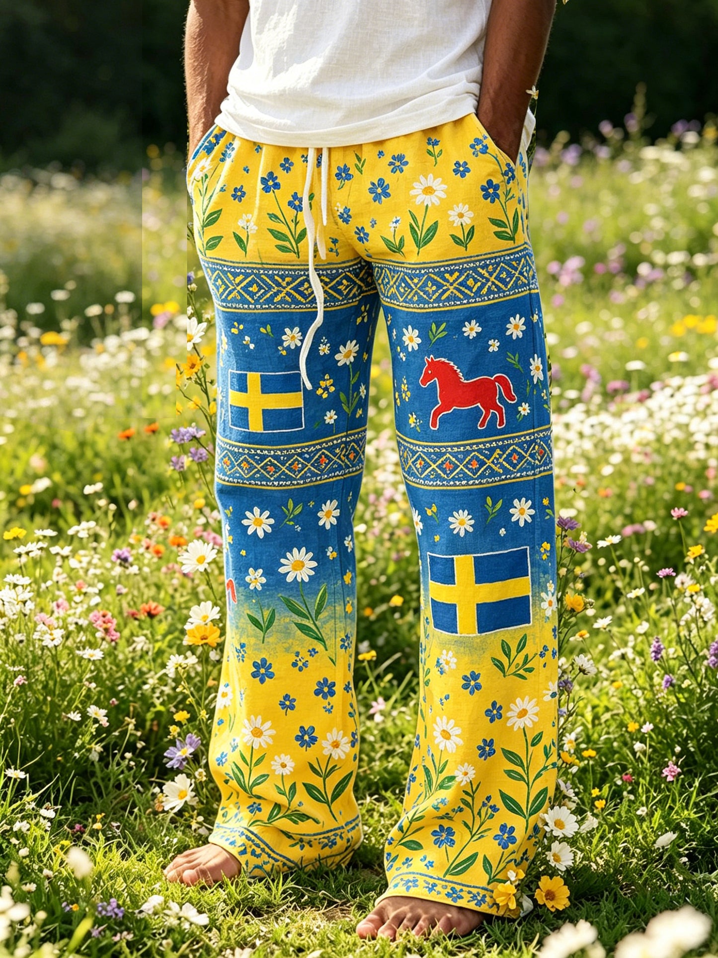 Men's Dinner Party Floral Color Gradient Cotton Linen Casual Pants