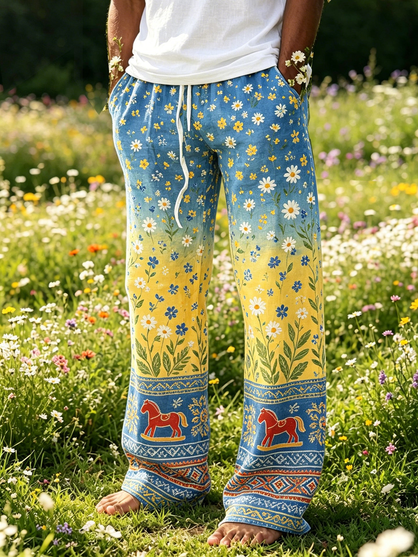 Men's Dinner Party Floral Color Gradient Cotton Linen Casual Pants