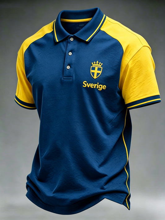 Herrpolotröja med nationell dagsmotiv och färgblockering