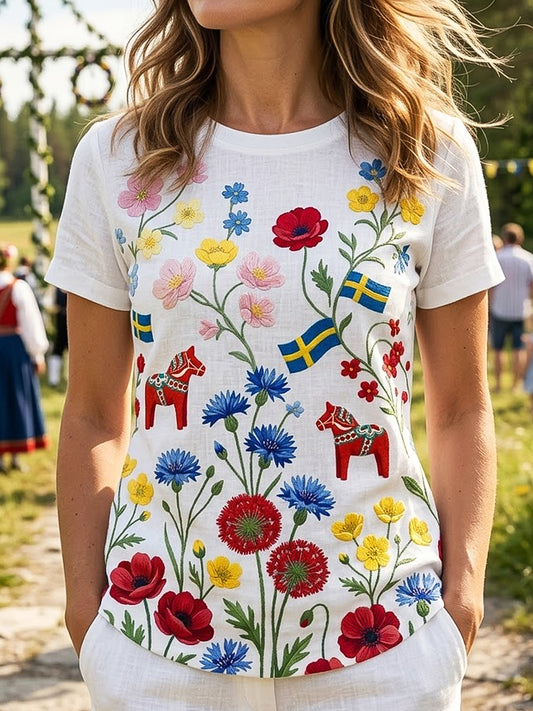 Women's retro Swedish rocking horse midsummer floral casual t-shirt