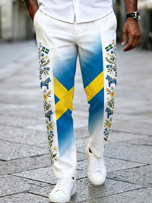 Men's retro-style pajamas, Swedish Midsummer, patchwork, cotton-linen, casual trousers