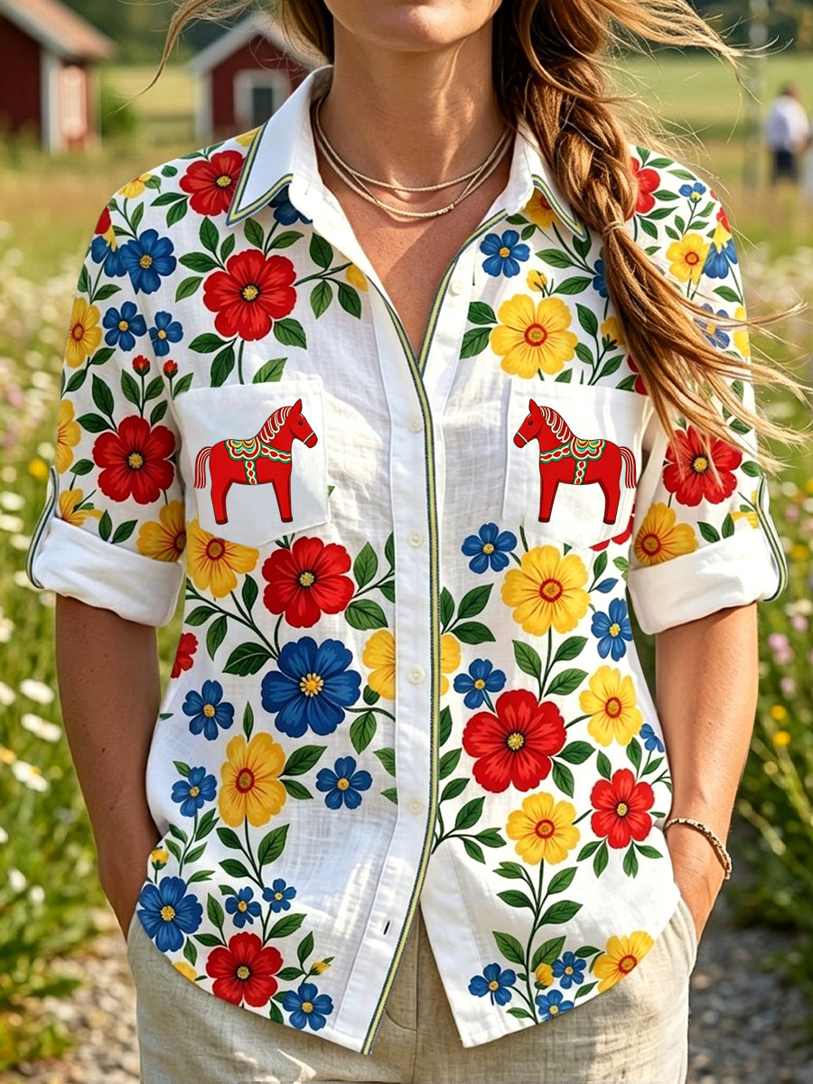 Women's Retro Swedish Midsummer Floral Carousel Print Casual Shirt