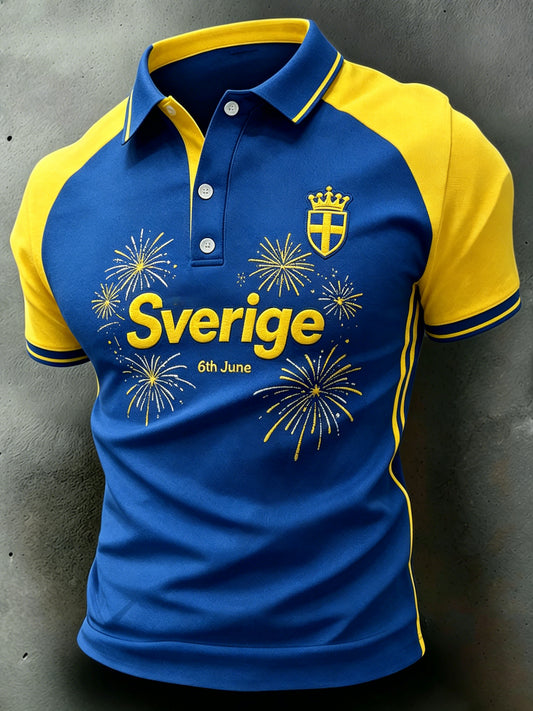 Herrpolotröja med nationell dagsmotiv och färgblockering