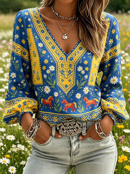 Women's top with midsummer motif, floral pattern, v-neck and puff sleeves