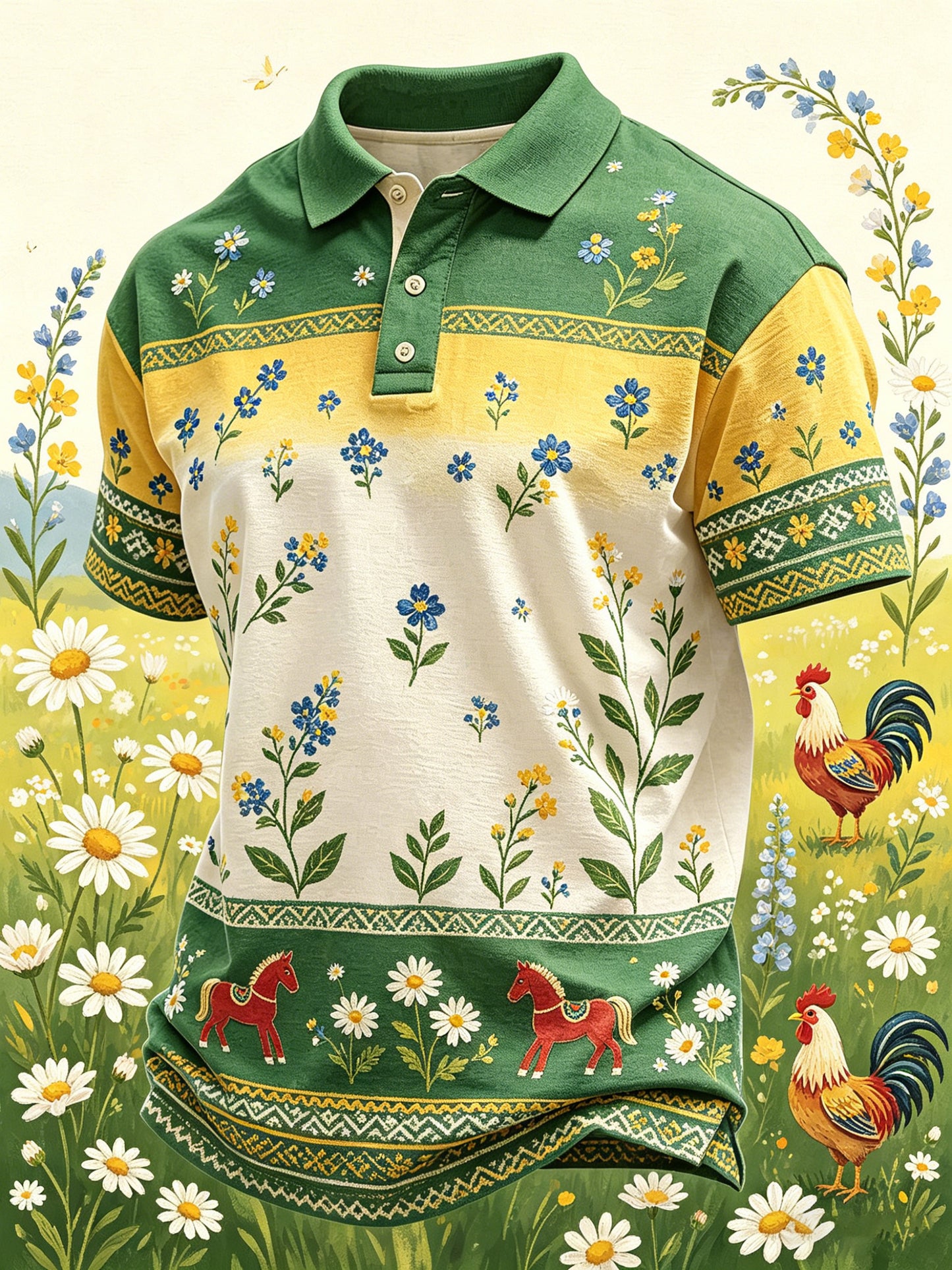 Herrpolotröja med kort ärm och konstprint som firar den svenska midsommarfesten