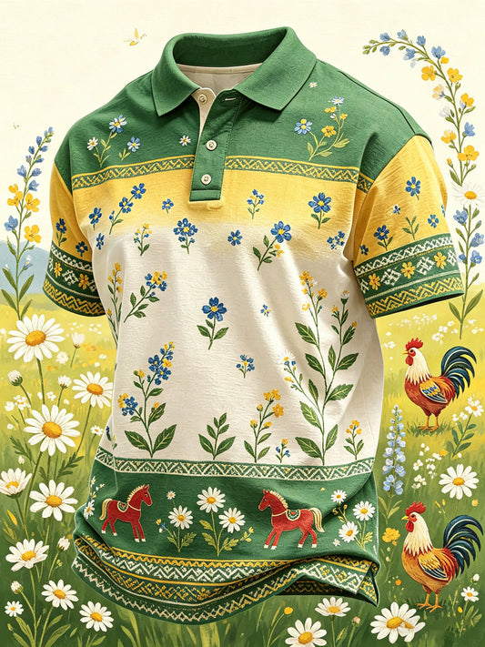 Herrpolotröja med kort ärm och konstprint som firar den svenska midsommarfesten