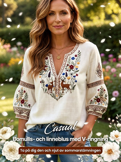 Dams off-white traditionell broderad tryckt avslappnad T-shirt i bomull-linne med V-ringning