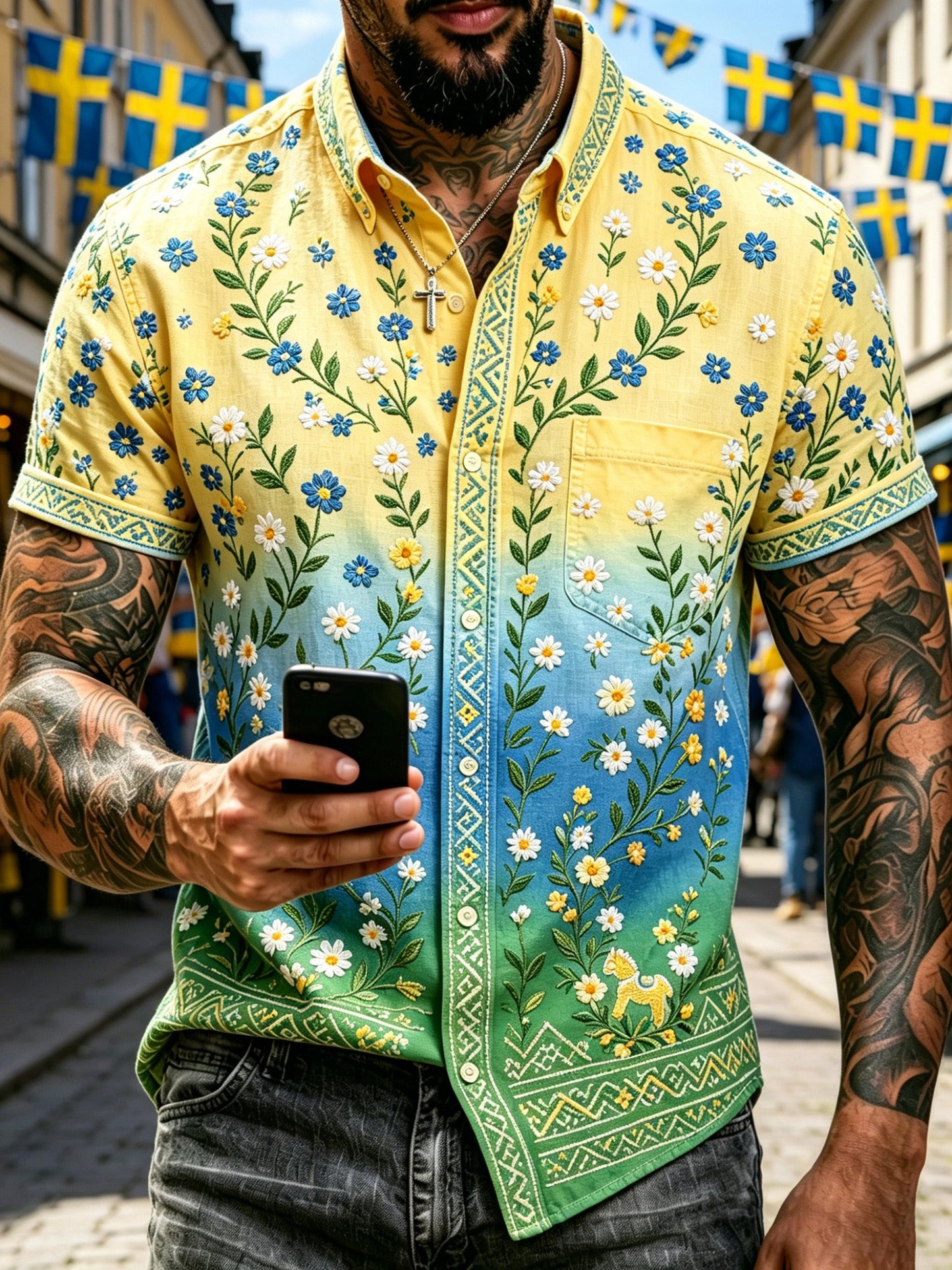 Men's short-sleeved shirt with art print commemorating the Midsummer celebration