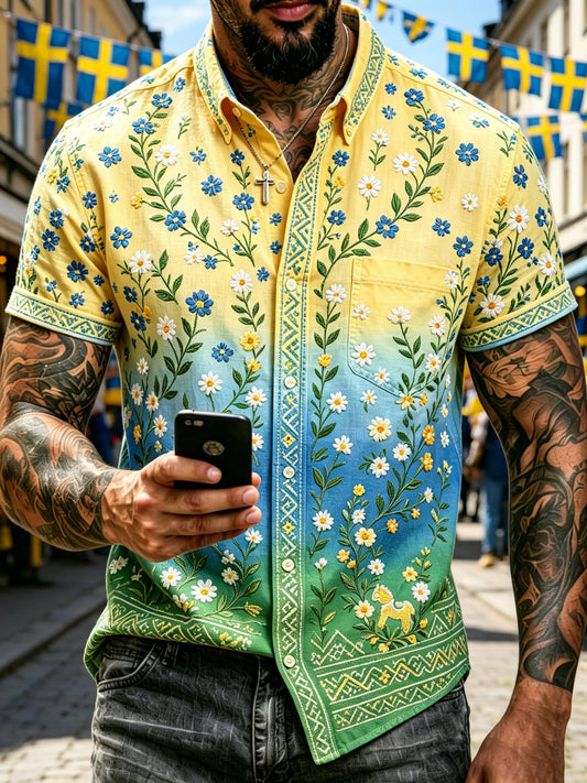 Herrskjorta med korta ärmar och konsttryck till minne av midsommarfesten