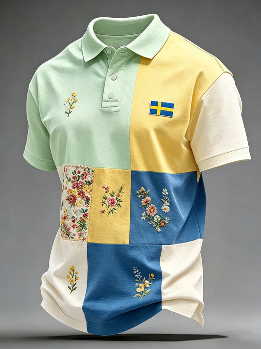 Herrpolotröja med kort ärm och konstprint som firar den svenska midsommarfesten