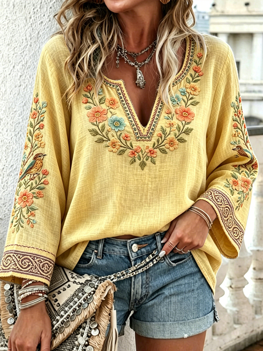 Women's Yellow Flowers and Birds Embroidered Printed Casual V-Neck T-Shirt