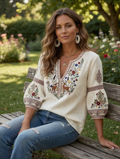 Dams off-white traditionell broderad tryckt avslappnad T-shirt i bomull-linne med V-ringning