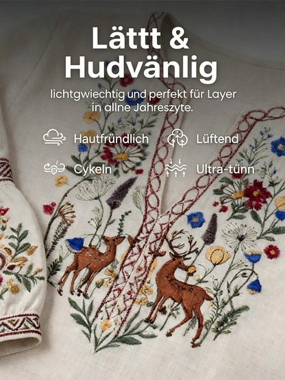 Dams off-white traditionell broderad tryckt avslappnad T-shirt i bomull-linne med V-ringning