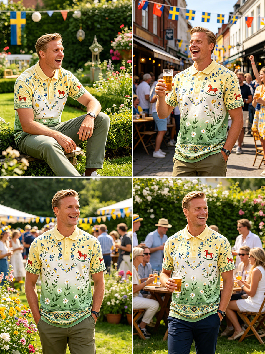 Herrpolskjorta med midsommarblommönster