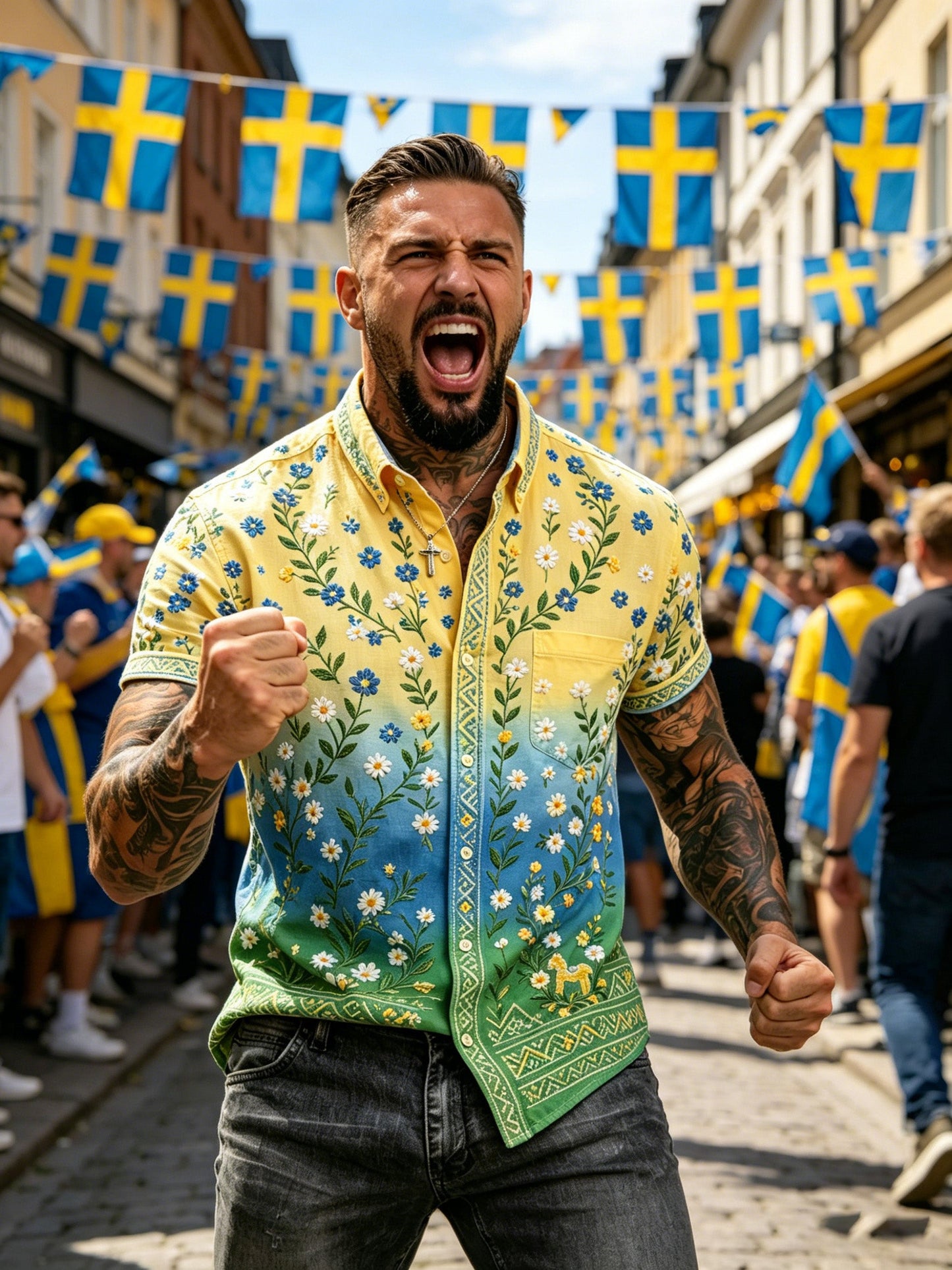 Men's short-sleeved shirt with art print commemorating the Midsummer celebration