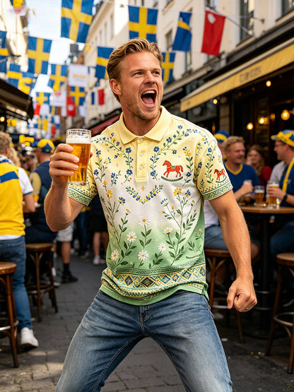 Herrpolskjorta med midsommarblommönster
