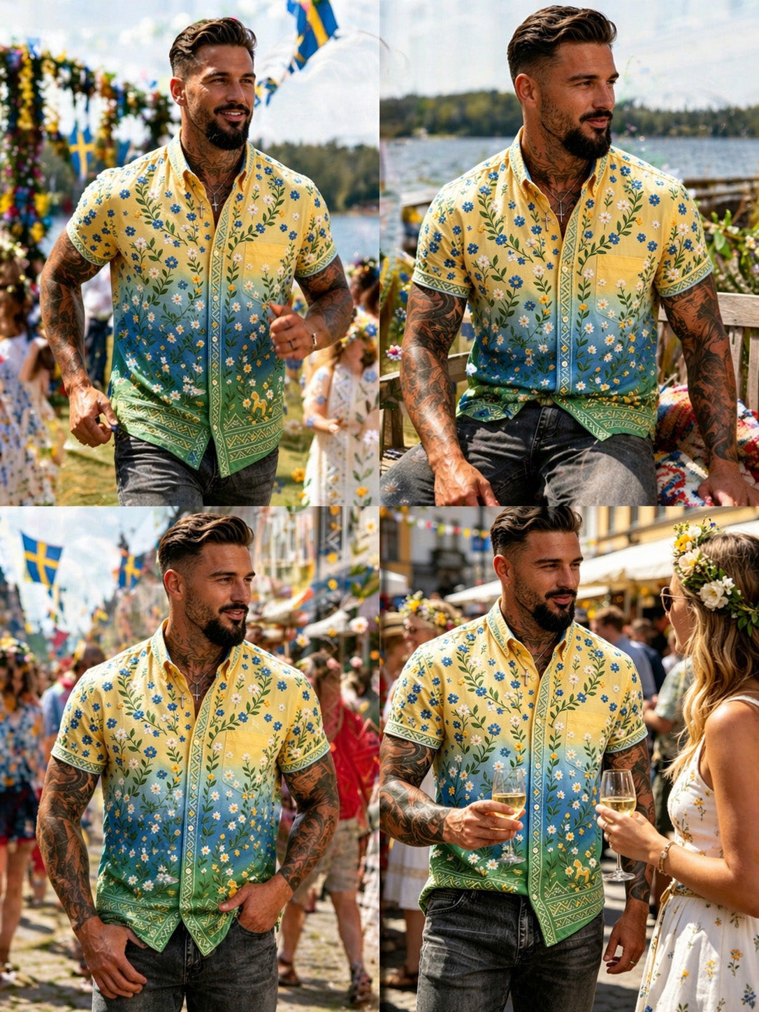 Men's short-sleeved shirt with art print commemorating the Midsummer celebration