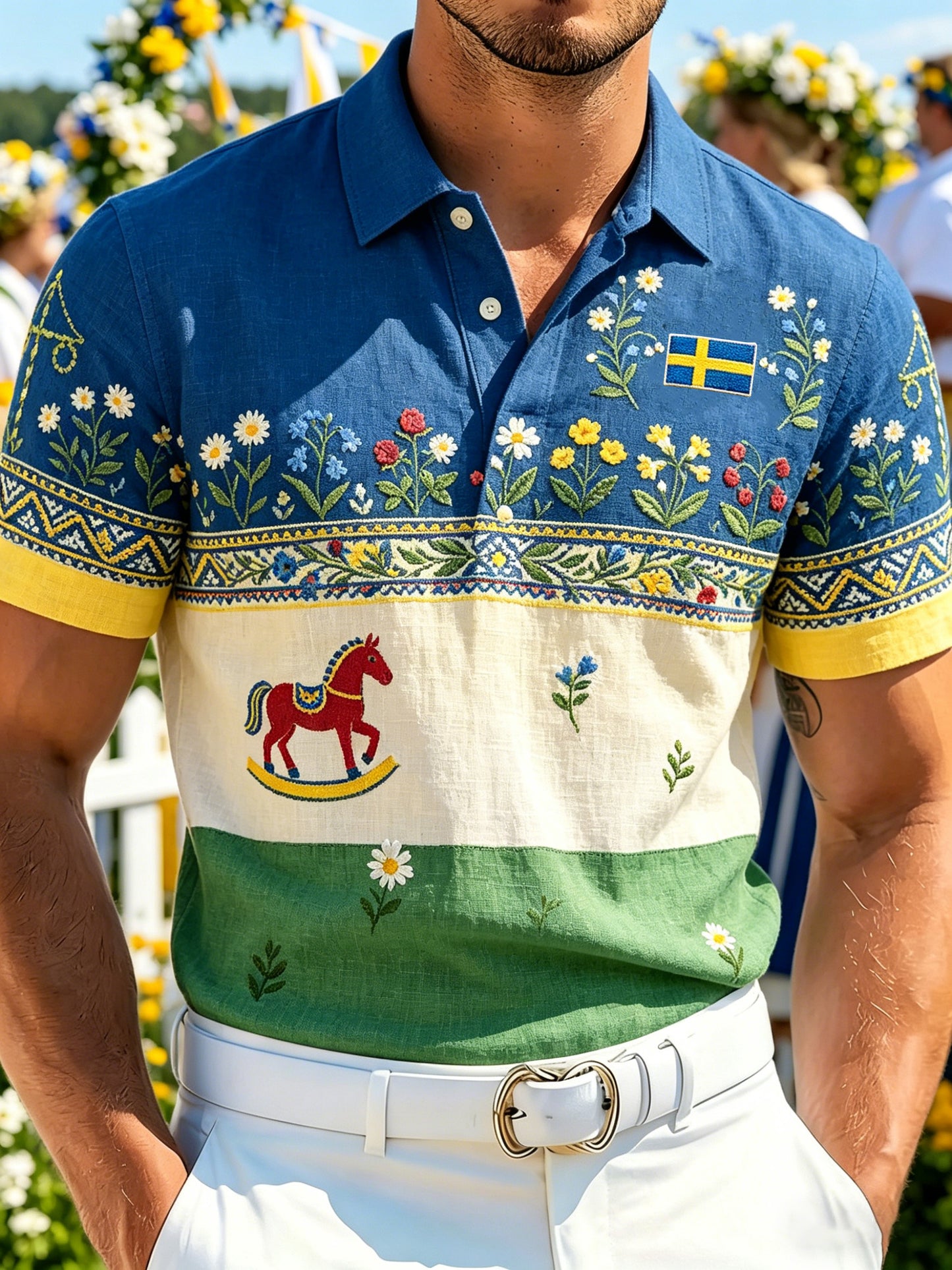Herrpolotröja med kort ärm och konstprint som firar den svenska midsommarfesten