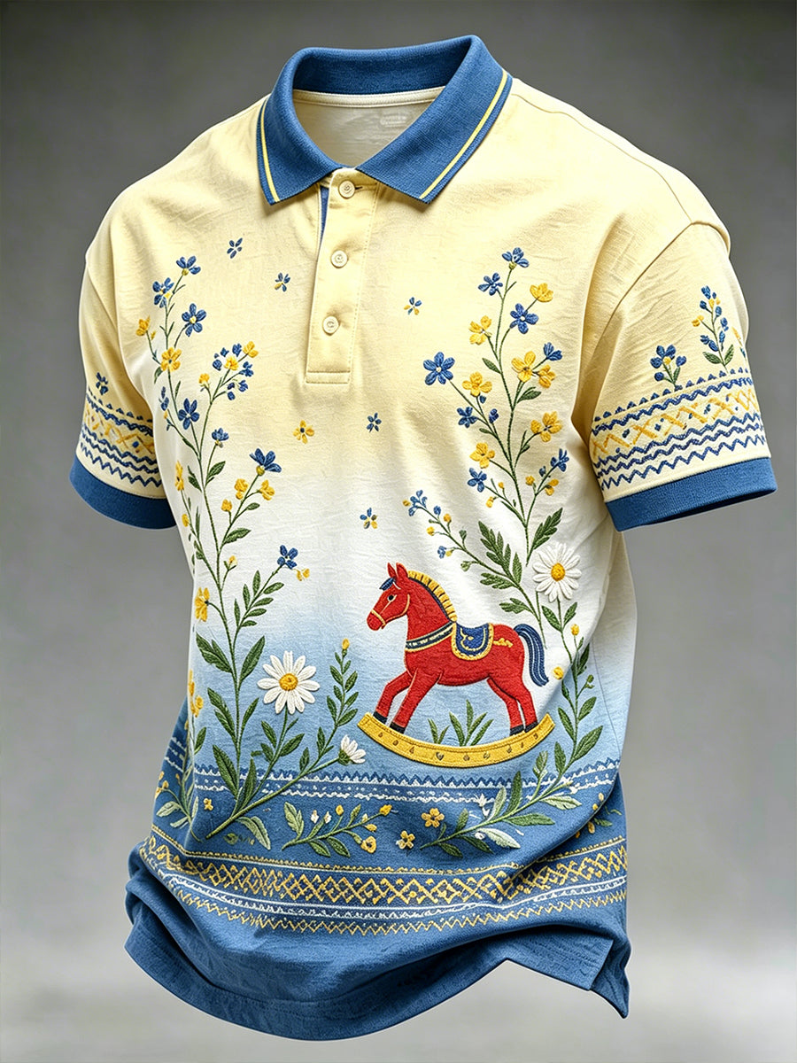 Herrpolskjorta med midsommarblommönster