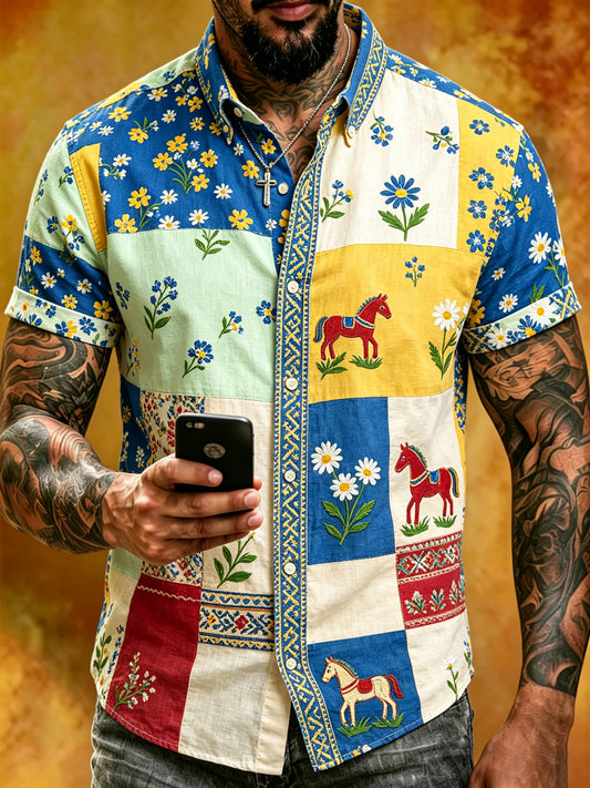 Herrskjorta med korta ärmar och konsttryck till minne av midsommarfesten