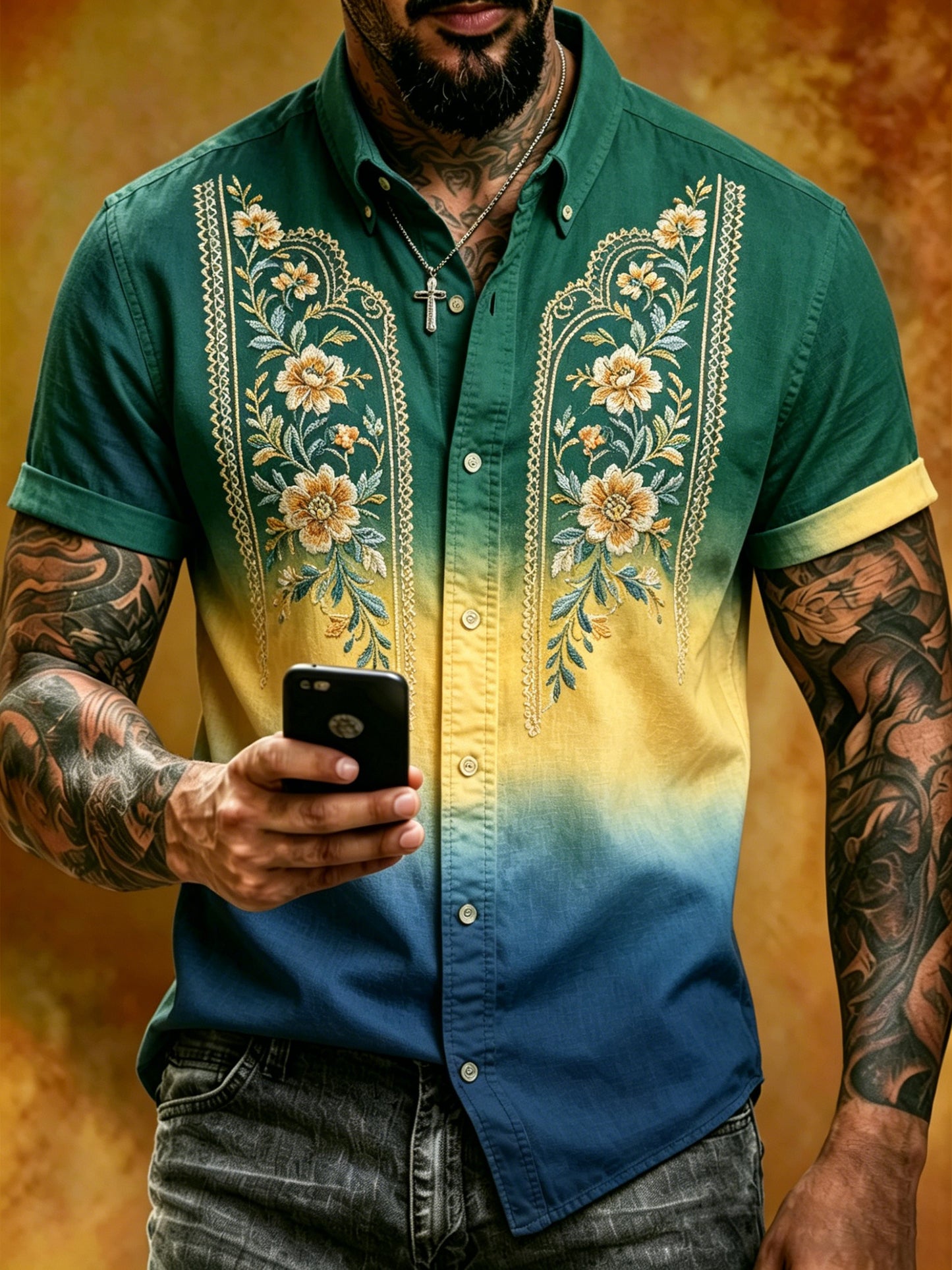 Herrskjorta med korta ärmar och konsttryck till minne av midsommarfesten