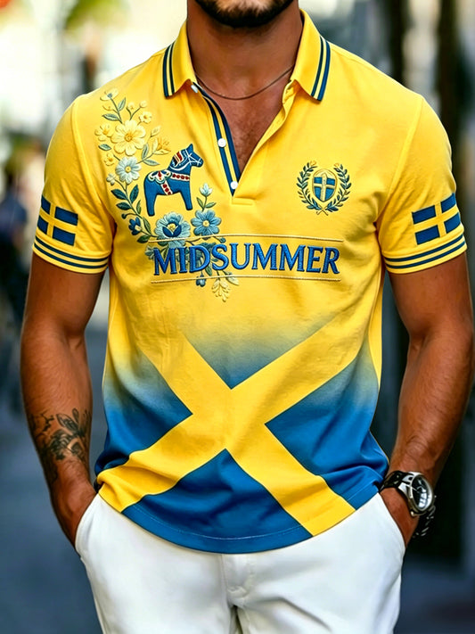 Men's Retro Swedish Midsummer Floral Casual Polo Shirt