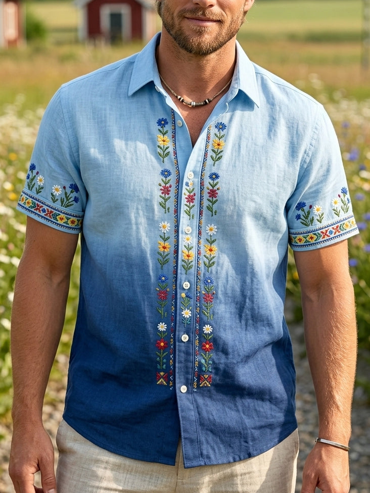 Men's retro Swedish Midsummer folk never-fading floral cotton-linen short-sleeved shirt