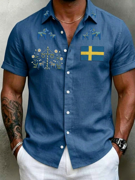 Men's retro Swedish Midsummer folk never-fading floral cotton-linen short-sleeved shirt