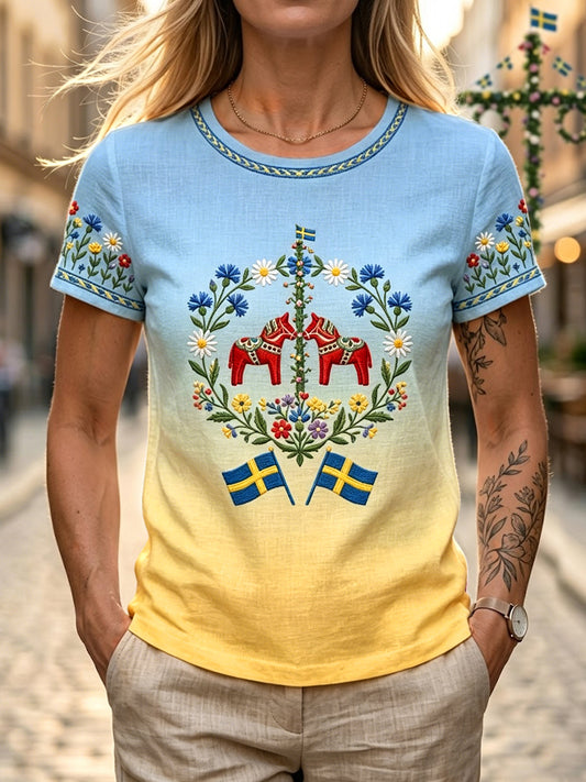 Women's Retro Swedish Midsummer Floral Cotton-Linen Ombre T-Shirt