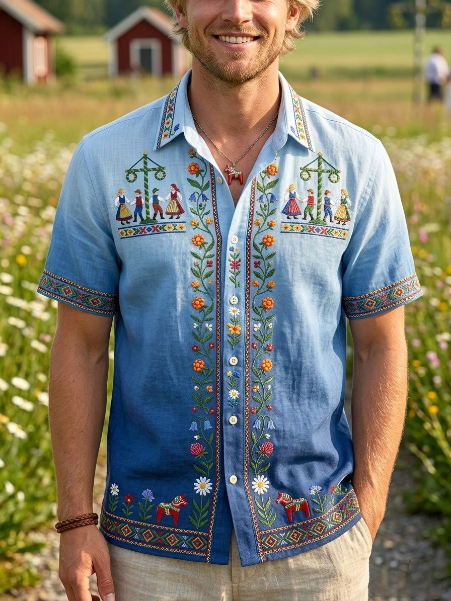 Herrretro svensk midsommarfolkaldrigblommig bomull-linne skjorta med korta ärmarna