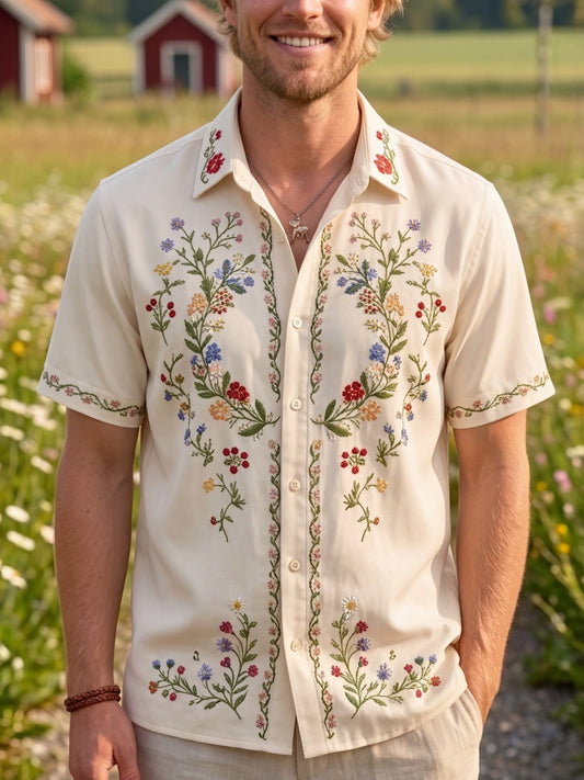 Men's retro Swedish Midsummer folk never-fading floral cotton-linen short-sleeved shirt